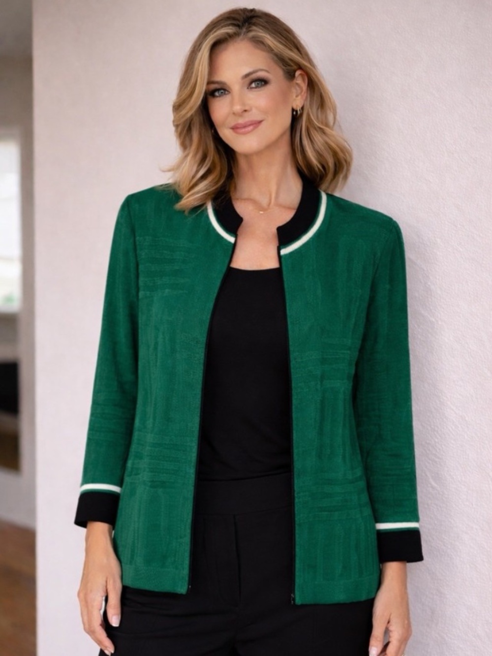 Ming Wang NEW Textured Knit Contrast Trim Cardigan Sweater Emerald Green Black S
